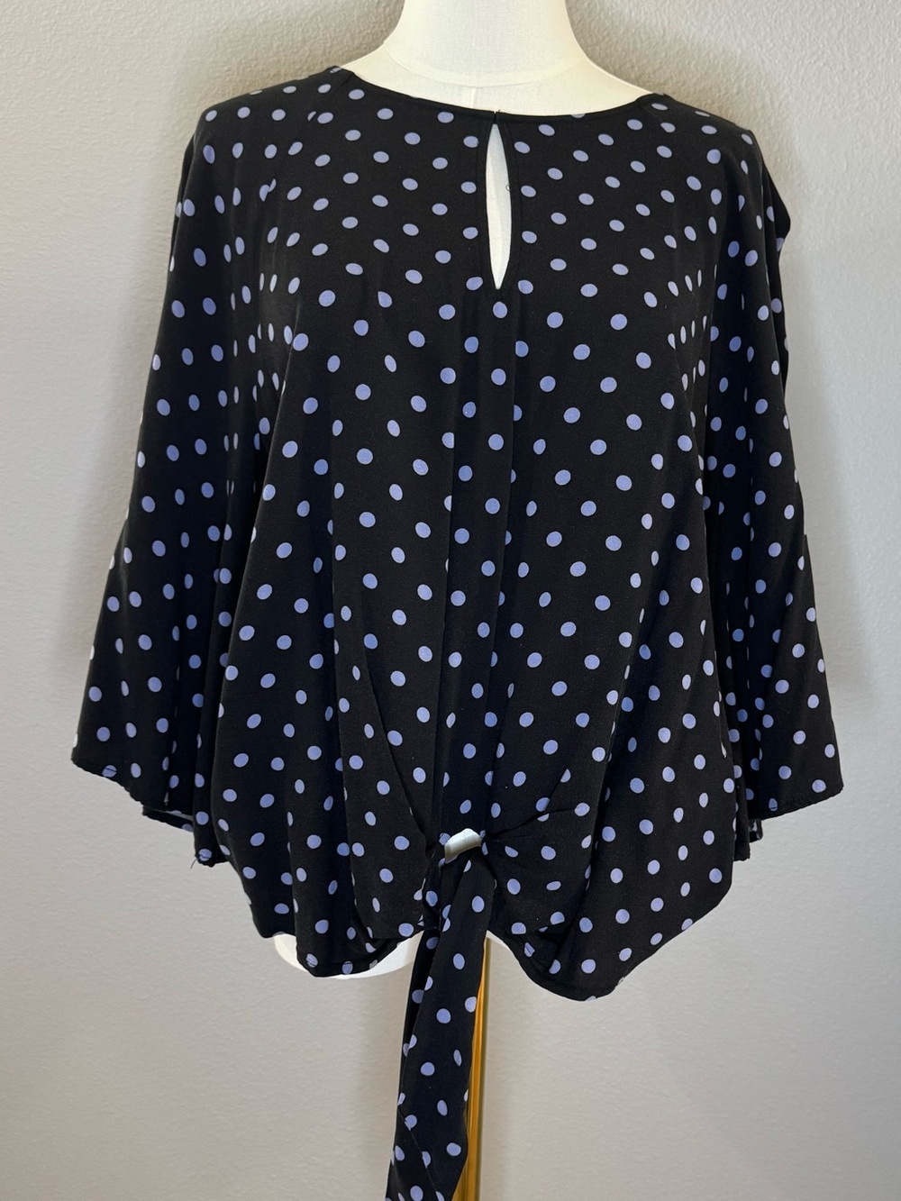 Polka Dot Tie-Front Blouse - Black with Light Blue Dots